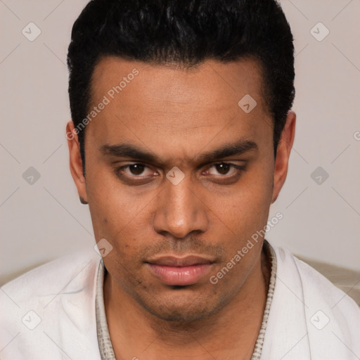 Neutral white young-adult male with short  black hair and brown eyes