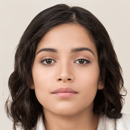 Neutral asian young-adult female with long  brown hair and brown eyes