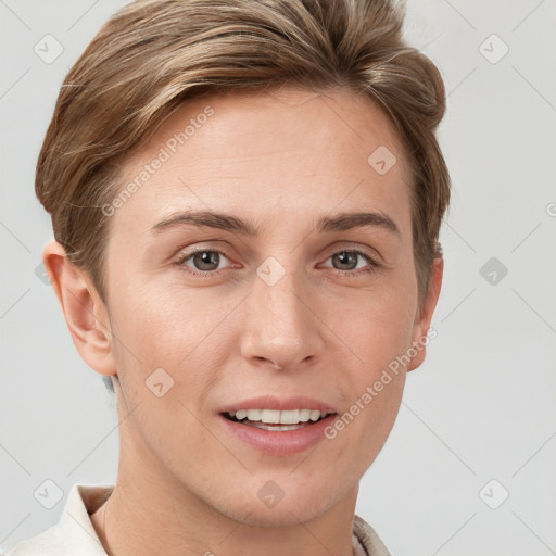 Joyful white young-adult female with short  brown hair and grey eyes