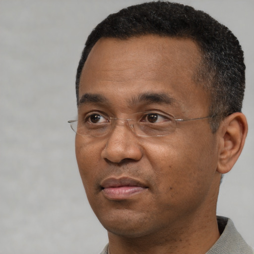 Joyful black adult male with short  black hair and brown eyes