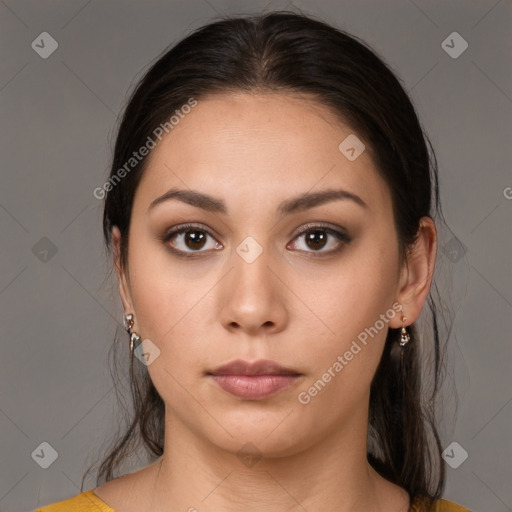 Neutral white young-adult female with medium  brown hair and brown eyes