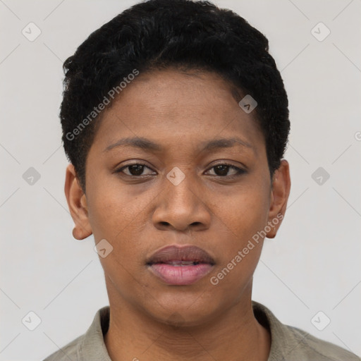 Joyful black young-adult female with short  brown hair and brown eyes