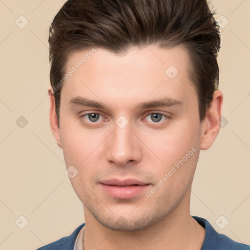 Neutral white young-adult male with short  brown hair and brown eyes