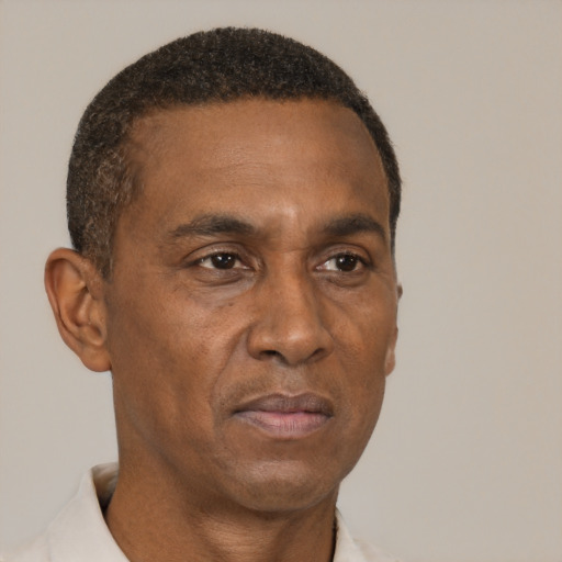 Neutral black adult male with short  brown hair and brown eyes