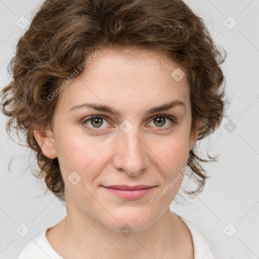 Joyful white young-adult female with medium  brown hair and green eyes