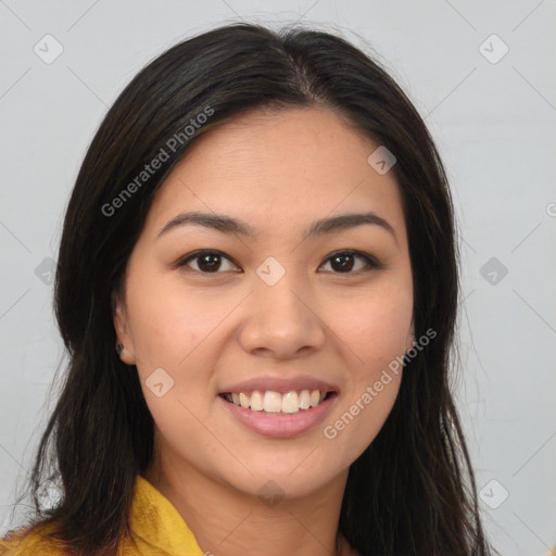 Joyful white young-adult female with long  brown hair and brown eyes