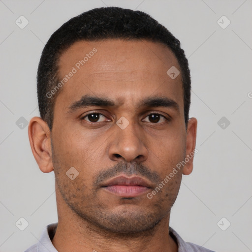 Neutral latino young-adult male with short  black hair and brown eyes
