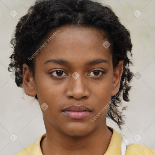 Neutral black young-adult female with short  black hair and brown eyes