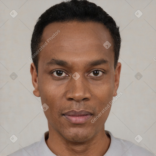 Neutral black young-adult male with short  black hair and brown eyes