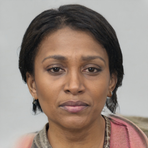 Joyful latino adult female with medium  black hair and brown eyes