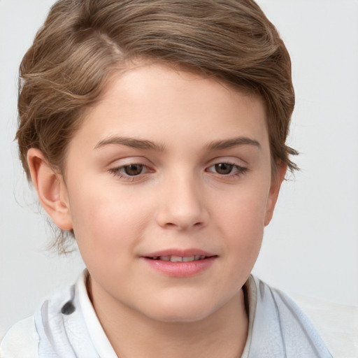 Joyful white child female with short  brown hair and brown eyes