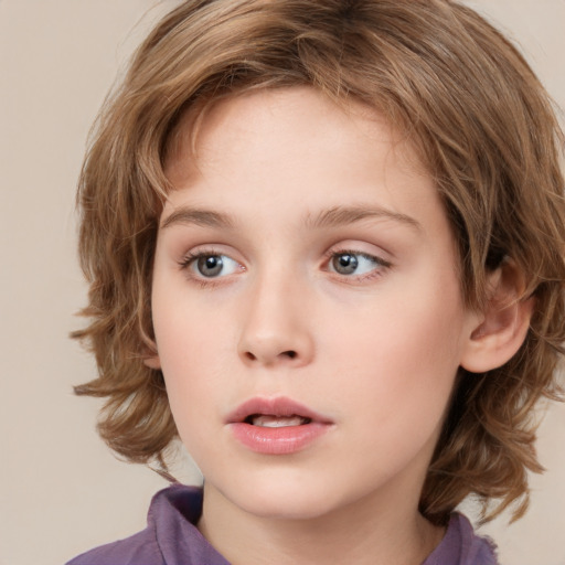 Neutral white child female with medium  brown hair and grey eyes