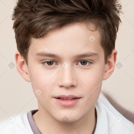 Joyful white child male with short  brown hair and brown eyes