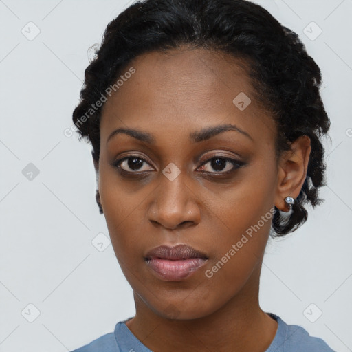 Neutral black young-adult female with short  black hair and brown eyes