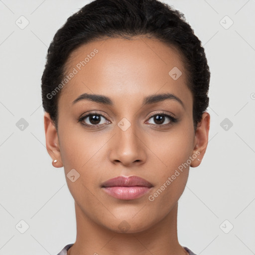 Neutral latino young-adult female with short  brown hair and brown eyes