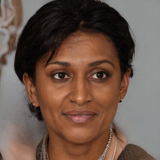 Joyful black adult female with medium  brown hair and brown eyes