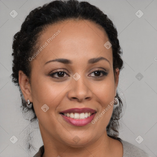 Joyful latino young-adult female with medium  black hair and brown eyes