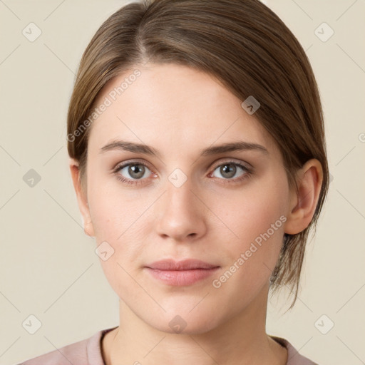 Neutral white young-adult female with short  brown hair and grey eyes