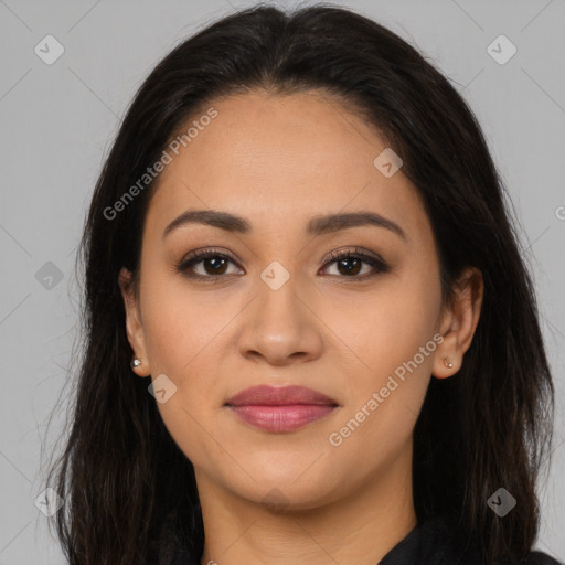 Joyful latino young-adult female with long  brown hair and brown eyes