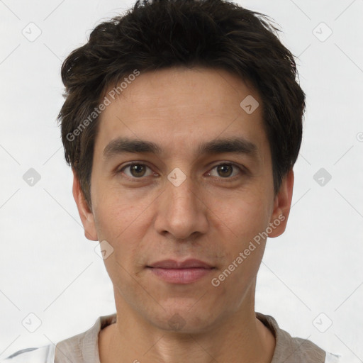 Neutral white young-adult male with short  brown hair and brown eyes