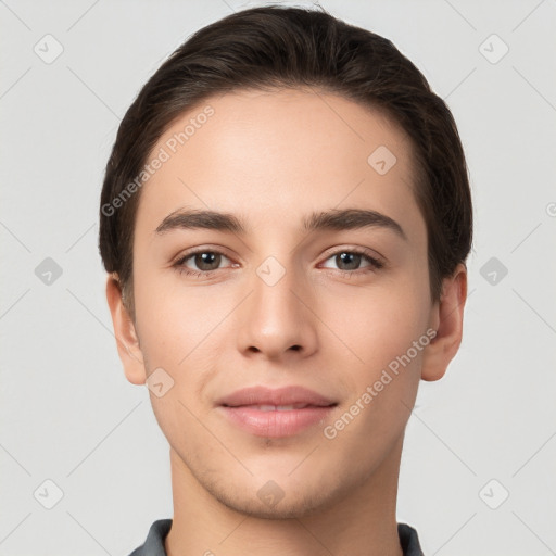 Neutral white young-adult male with short  brown hair and brown eyes