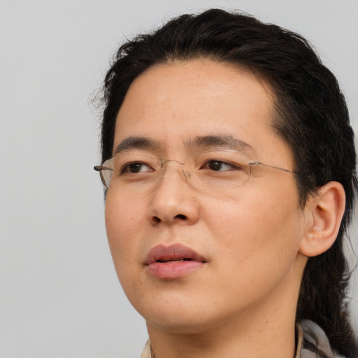 Neutral asian adult male with long  brown hair and brown eyes