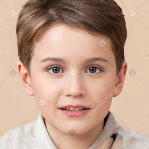 Joyful white child female with short  brown hair and brown eyes