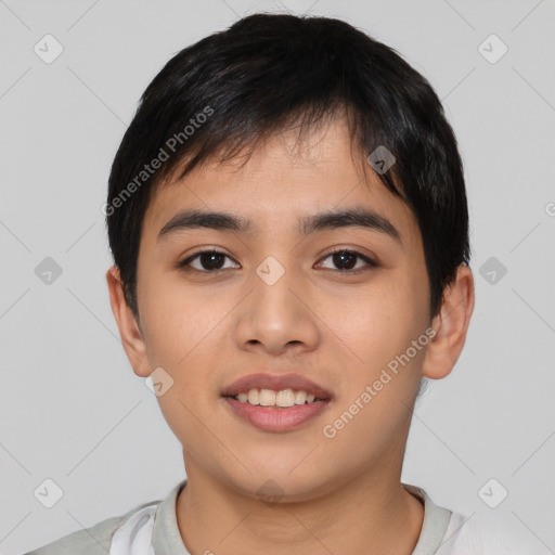 Joyful asian young-adult male with short  black hair and brown eyes