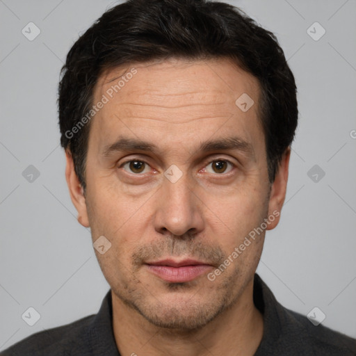 Neutral white adult male with short  brown hair and brown eyes