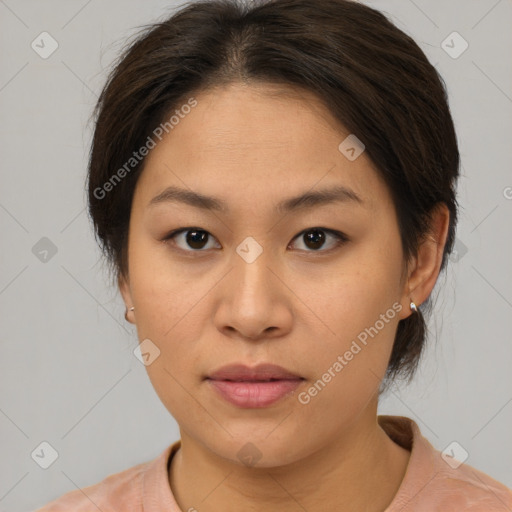 Neutral asian young-adult female with medium  brown hair and brown eyes