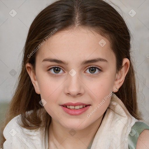 Joyful white child female with medium  brown hair and brown eyes