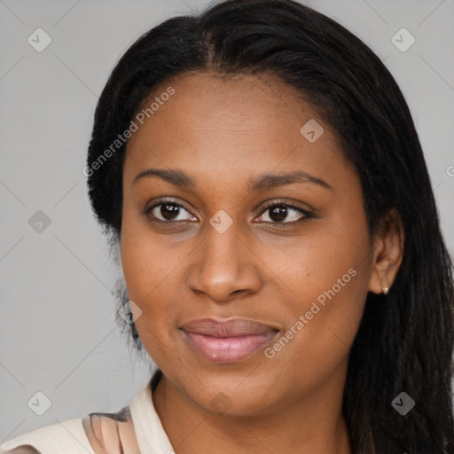 Joyful black young-adult female with medium  brown hair and brown eyes