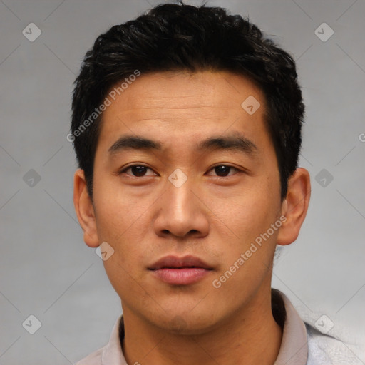 Neutral asian young-adult male with short  black hair and brown eyes