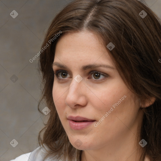 Neutral white young-adult female with medium  brown hair and brown eyes