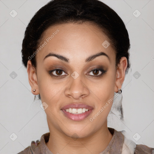 Joyful latino young-adult female with medium  brown hair and brown eyes