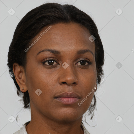 Neutral black young-adult female with short  brown hair and brown eyes