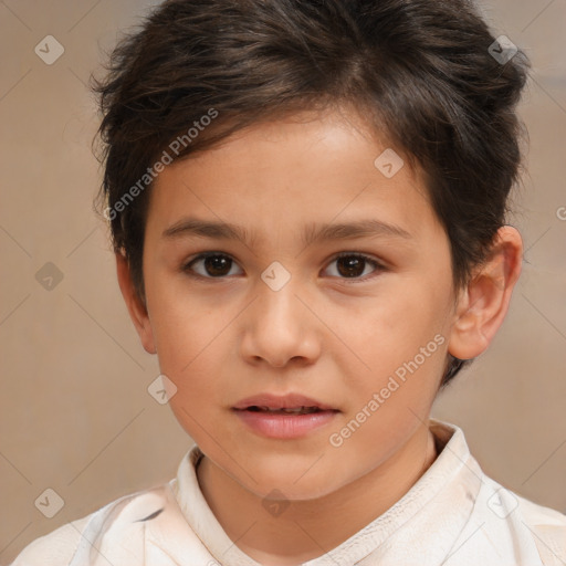 Joyful white child female with short  brown hair and brown eyes