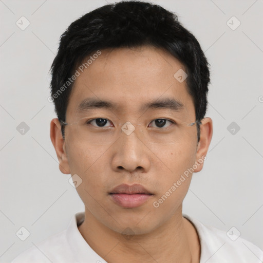 Neutral asian young-adult male with short  black hair and brown eyes