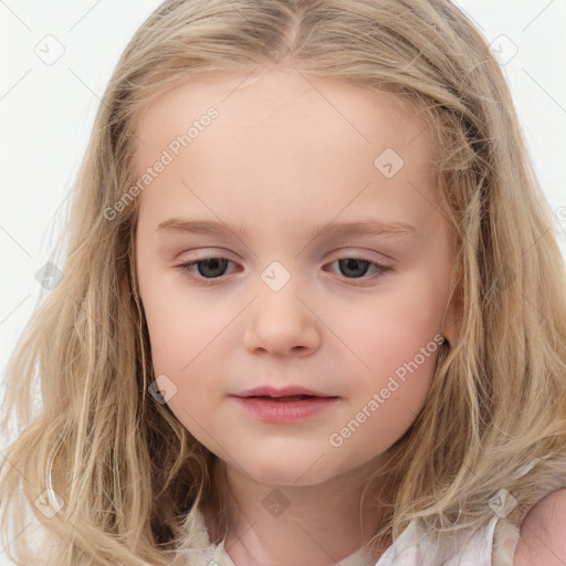 Neutral white child female with medium  brown hair and blue eyes