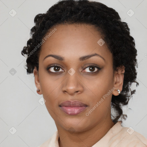 Neutral black young-adult female with short  black hair and brown eyes