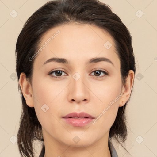 Neutral white young-adult female with long  brown hair and brown eyes