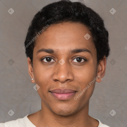 Joyful black young-adult male with short  black hair and brown eyes