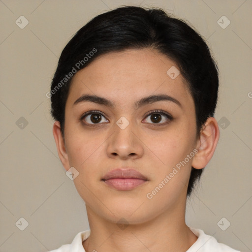 Neutral latino young-adult female with short  black hair and brown eyes