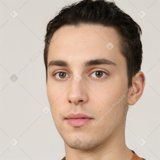 Neutral white young-adult male with short  brown hair and brown eyes