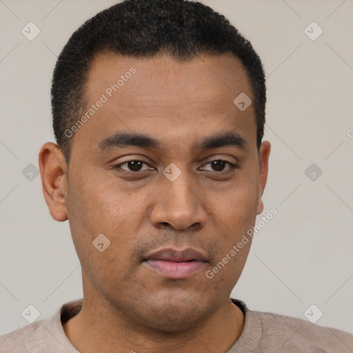Neutral latino young-adult male with short  black hair and brown eyes