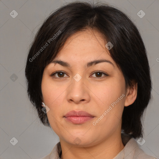 Neutral white adult female with medium  brown hair and brown eyes