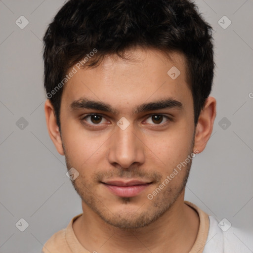 Neutral white young-adult male with short  brown hair and brown eyes