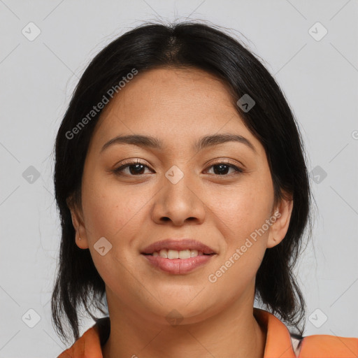 Joyful asian young-adult female with medium  brown hair and brown eyes