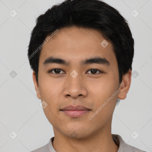 Neutral asian young-adult male with short  black hair and brown eyes