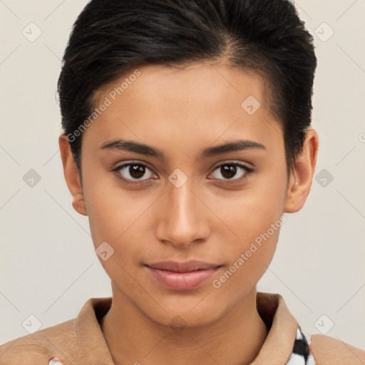 Joyful white young-adult female with short  brown hair and brown eyes